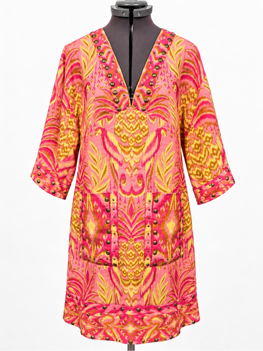 FARM Rio Pineapple Tapestry Studded Linen Tunic Mini Dress Pink Boho Resort - Picture 4 of 9